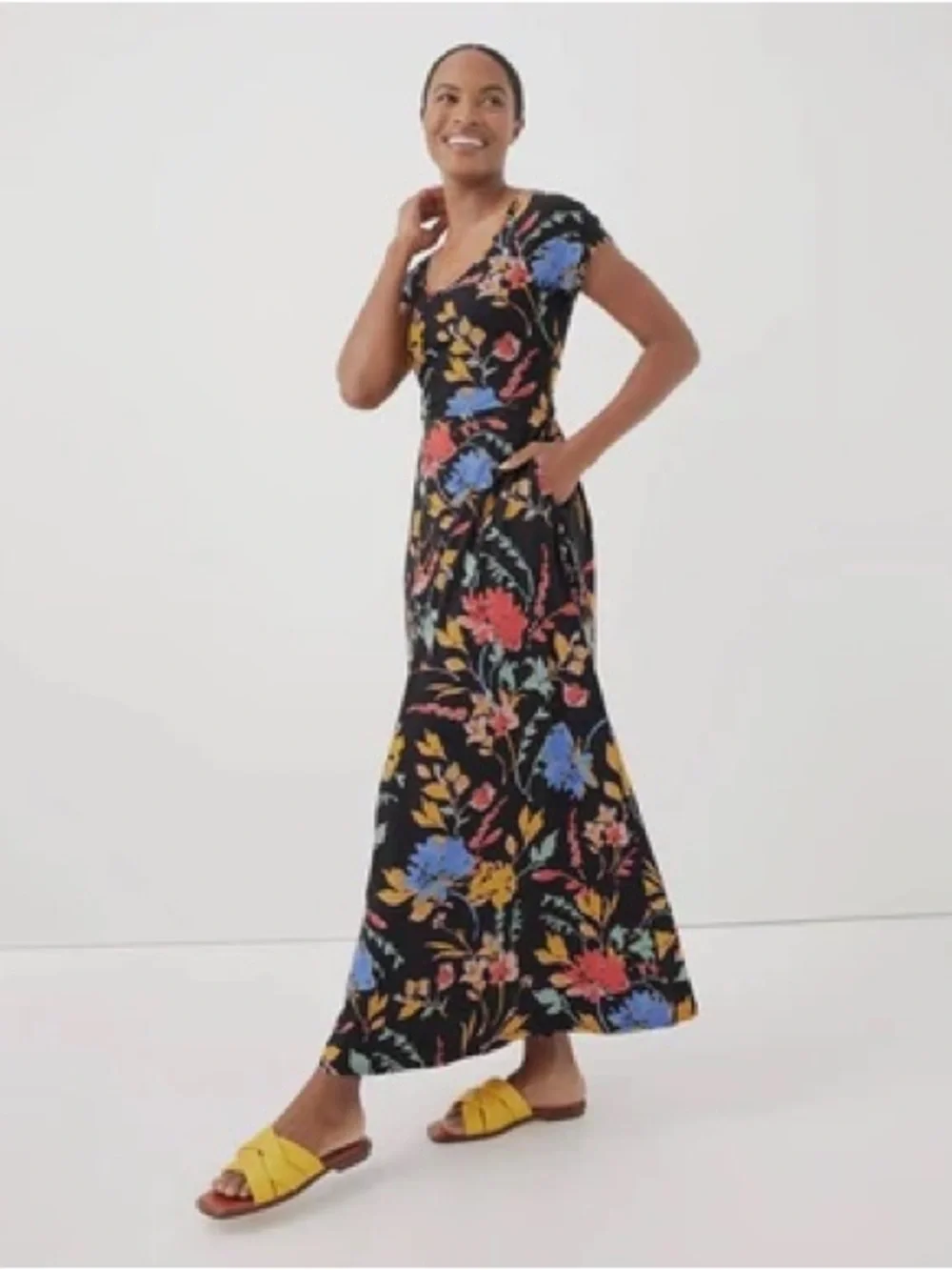 Pact Fit and Flare Crossback Maxi Dress Nightfall Blooms Black Floral Cotton XL